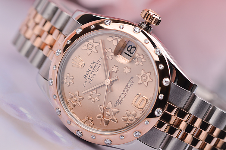 【98新】劳力士女装日志型玫瑰金及钢镶钻粉面自动女表178341有卡