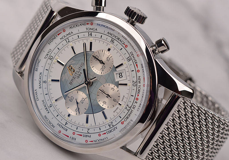 已售出【97新】百年灵越洋世界时间计时日历钢带自动机械男表AB0510