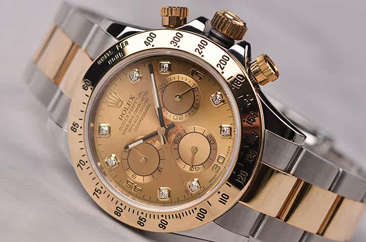 已售出【98新】劳力士迪通拿黄金及钢香槟面刻度钻计时男表116523盒证齐
