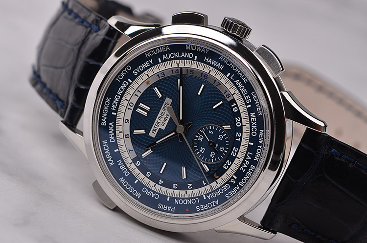 已售出【98新】百达翡丽复杂功能时计白金蓝面世界时计时男表5930G-001
