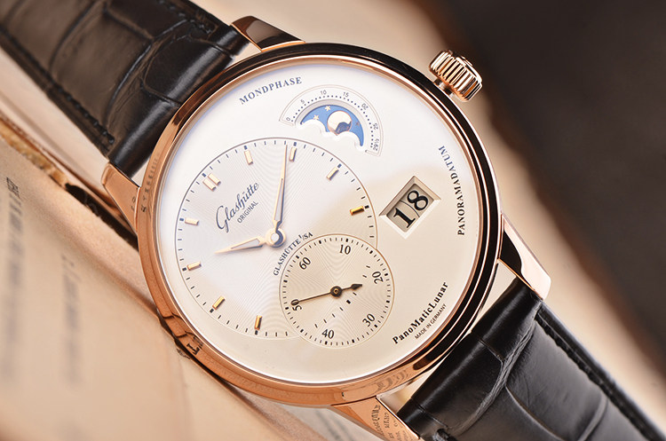 已售出【97新】格拉苏蒂玫瑰金偏心大日历月相自动男表90-02-45-35-05