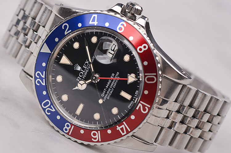 已售出【中古美品】劳力士Rolex GMT Master百事圈自动钢带男表16750