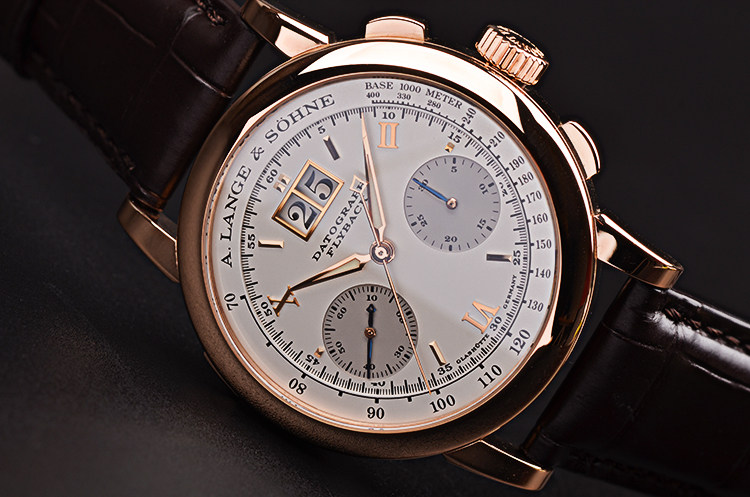 已售出【97新】朗格玫瑰金飞返计时大日历手上链皮带男表403.032