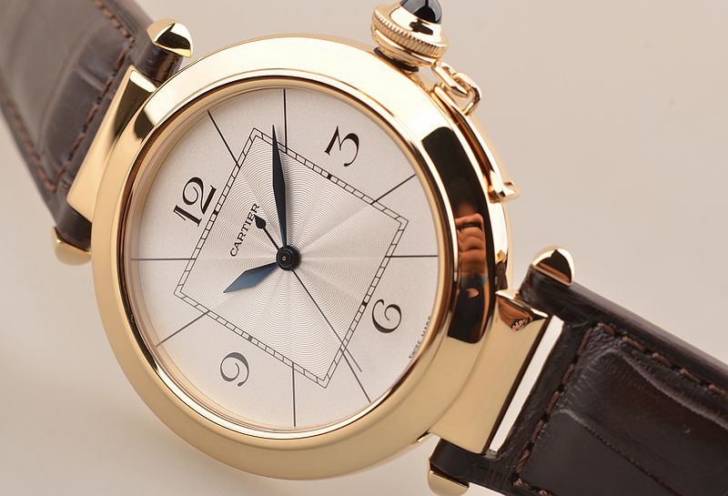 已售出【97新】卡地亚帕莎黄金白盘大三针折叠扣皮带男表W3018651