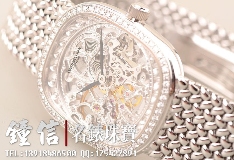 已售出【97新】豪门世家奢华全白金镶钻镂空手上链编织表带女表