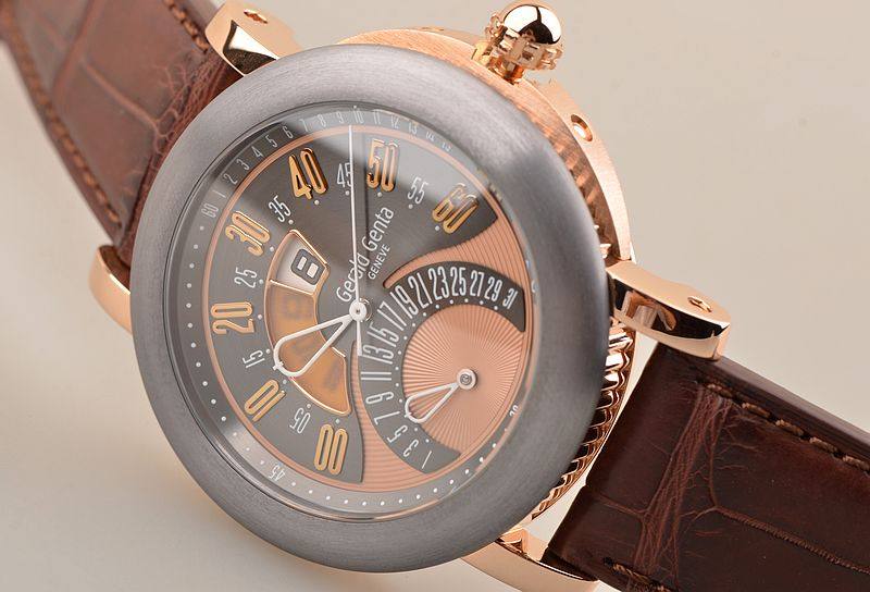 已售出【98新】尊达玫瑰金跳时分钟日历双飞返逆跳自动男表