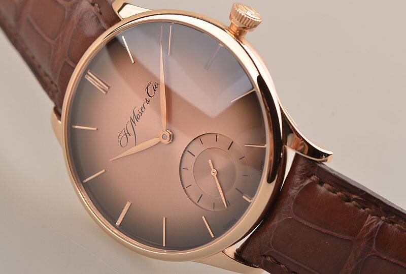 已售出【98新】亨利慕时VENTURER玫瑰金小三针手上链皮带男表2327-0401