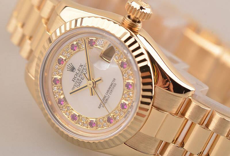 已售出【98新】劳力士全黄金日志型密镶钻贝母盘红宝石刻度女表179178