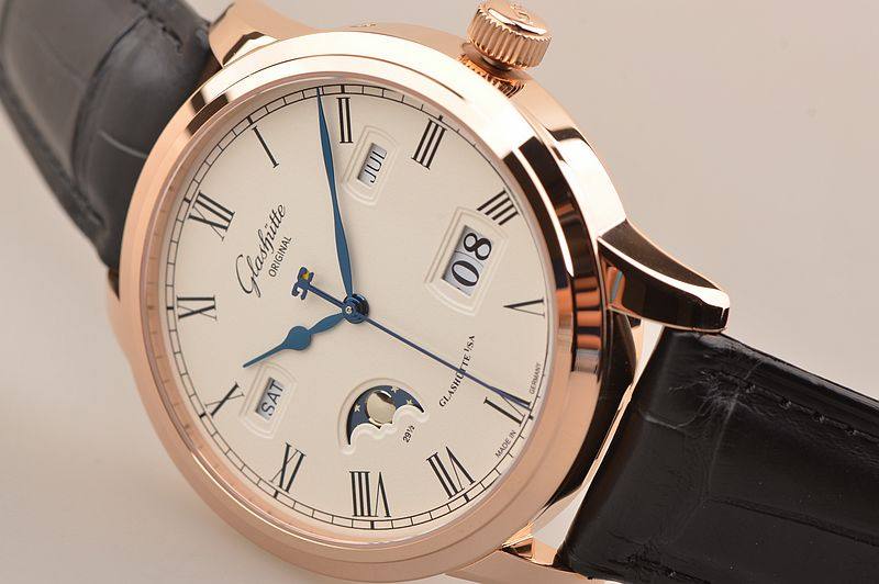 已售出【上海现货】格拉苏蒂玫瑰金白盘万年历月相男表100-02-22-05-05