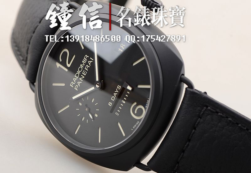 已售出【98新】沛纳海PAM00384黑陶瓷小三针日历八日链手上链皮带男表