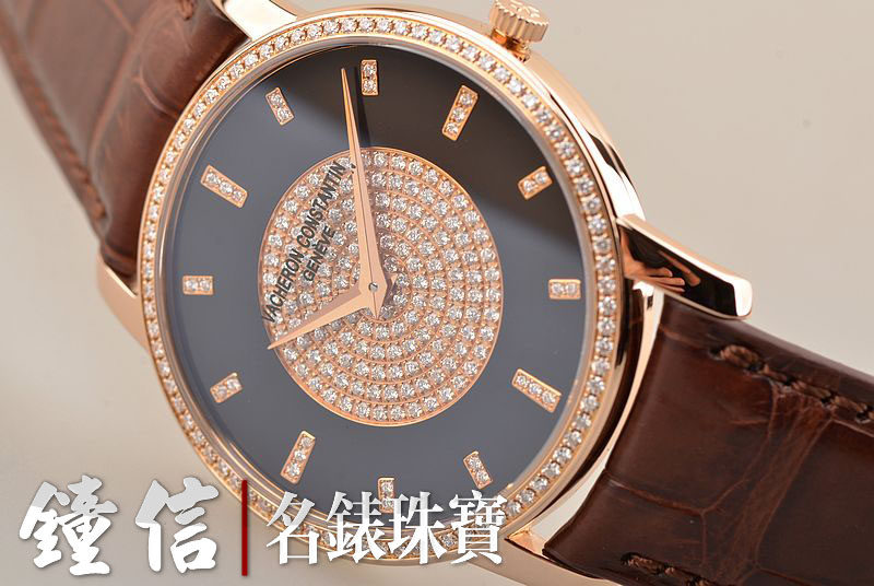 已售出【97新】江诗丹顿传承玫瑰金镶钻手上链皮带男表81578/000R-9356