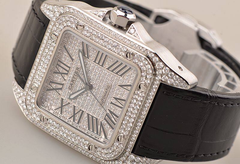 已售出【97新】卡地亚山度士100大号后镶钻自动机械皮埃男表W20073X8