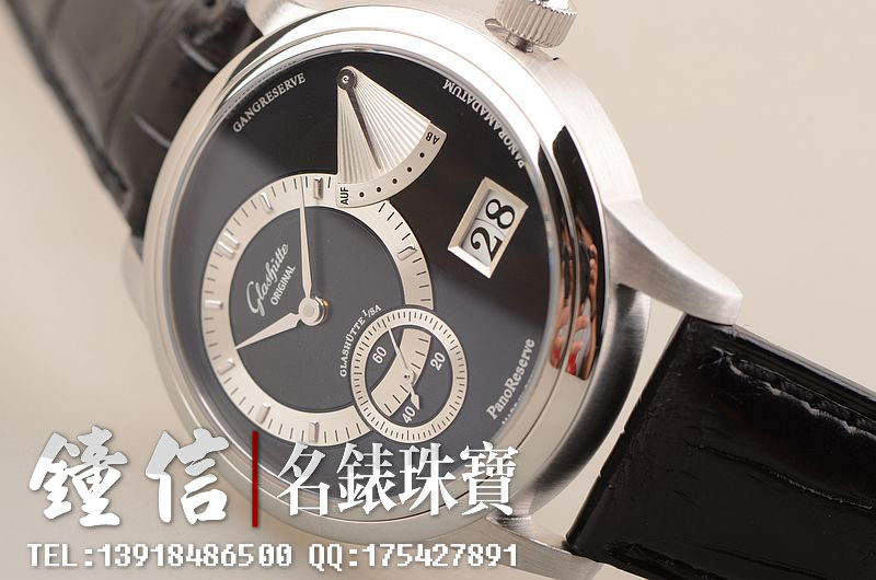 已售出【97新】格拉苏蒂铂金黑盘限量100只手上链动显大日历双鹅颈男表