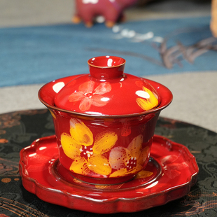 官窑陶瓷茶具庄老师手作原矿泥料铁胎郎红油画莫奈彩马蹄三才盖碗