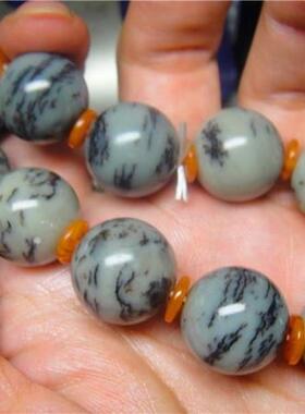 新疆和田玉籽料直闪石沙枣青圆珠手链18毫米（有证书）