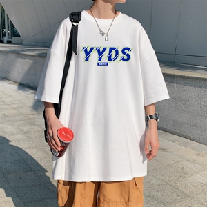 T3299P25男士港风T恤落肩款宽松T恤YYDS印花男T中性风印花T恤男士