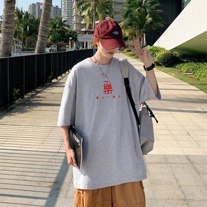 T3301克莱因蓝男T樂字印花T恤男士男士港风T恤落肩款宽松T恤图片