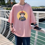 T3675已爆克莱因蓝T圆领卡通印花T恤男港风T恤落肩款宽松T恤，男装T恤，星座510A-1