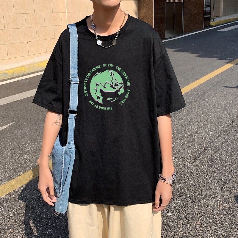 T3463男港风T恤落肩款宽松T恤短袖印花T圆领英文球形印花T恤正,男装T恤,星座510A-1
