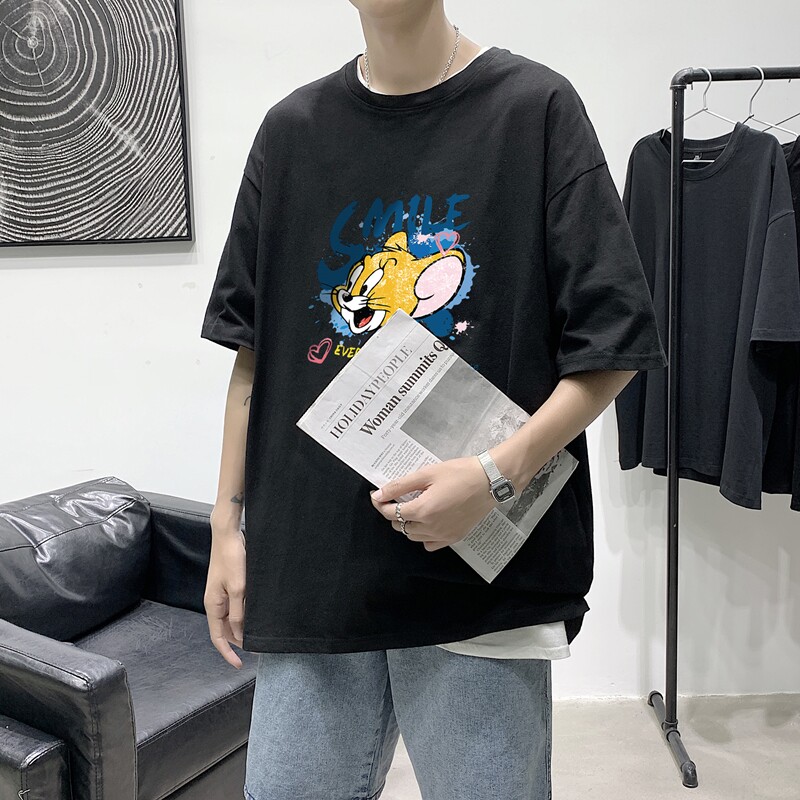 T1625P25港风卡通老鼠印花圆领T恤男加大加肥港风模特男士宽松T恤,男装T恤,星座510A-1