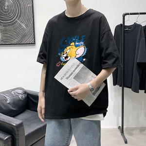 T1625P25港风卡通老鼠印花圆领T恤男加大加肥港风模特男士宽松T恤图片