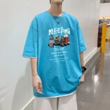 T3584P25已爆2022港风宽松圆领T恤夏装情侣卡通小熊印花短袖T恤，男装T恤，星座510A-1