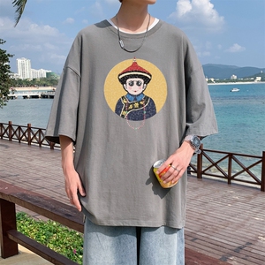 T3675P25已爆 男港风T恤落肩款宽松T恤克莱因蓝T圆领卡通印花T恤,男装T恤,星座510A-1