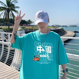 T3302P25男士男士港风T恤落肩款宽松T恤克莱因蓝男T风印花T恤图片