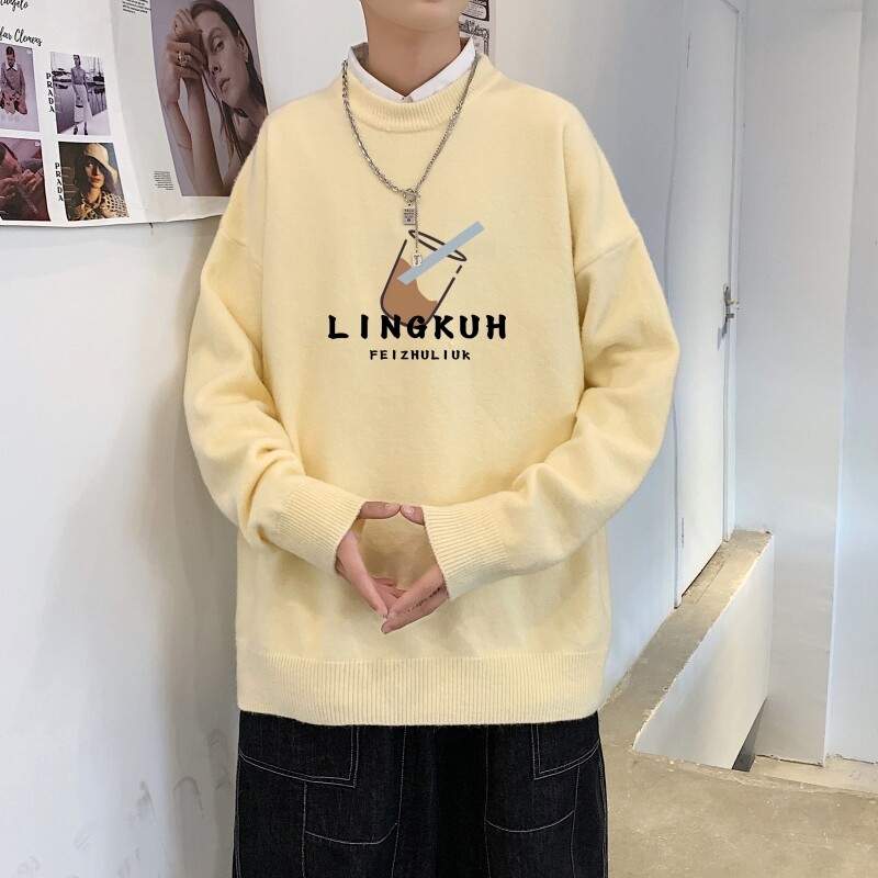 MD2817P55男春秋季ins潮流慵懒风印花圆领毛衣休闲打底针织衫外套图片