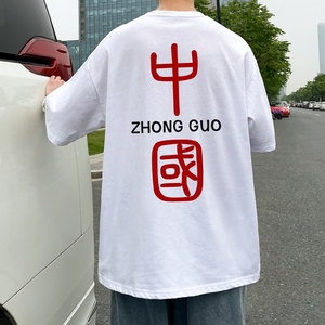 T2070P28港风外景 男中性100%纯棉夏季大码短袖T恤宽松ins半袖T恤图片