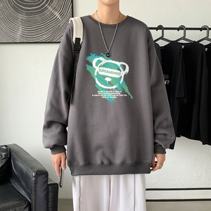 Y2827P38新春新款港风印花圆领卫衣男潮宽松帅气百搭休闲外套,黄色与黑色搭配好看吗图片