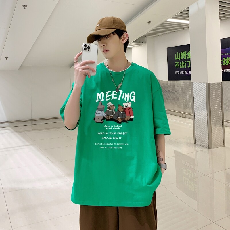 T3584P25已爆短袖T恤宽松圆领T恤2022港风夏装情侣卡通小熊印花，男装T恤，星座510A-1