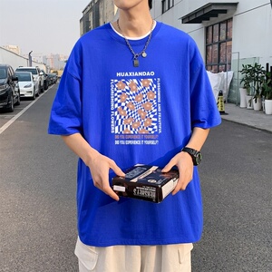T3406P25正常配送中男港风T恤落肩款宽松T恤克莱因蓝T圆领印花T恤图片