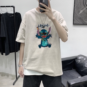 T1761P25 港风100%棉2021新款短袖T男涂鸦史迪仔印花青春休闲T恤图片