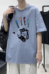 T2228P25港风室内纯棉男短袖港风净版潮印花宽松休闲情侣装T恤