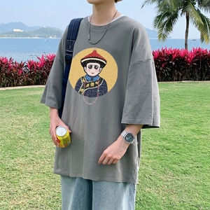 T3675P25已爆落肩款宽松T恤克莱因蓝T圆领卡通印花T恤 男港风T恤图片