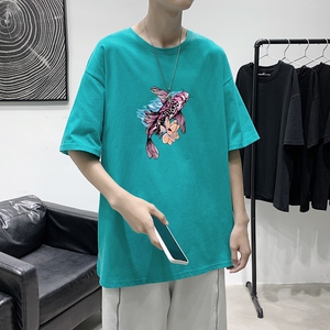 T1547P25港风英伦印花圆领T恤男加大加肥港风模特男士宽松T恤,男士夏天怎么搭配衣服图片