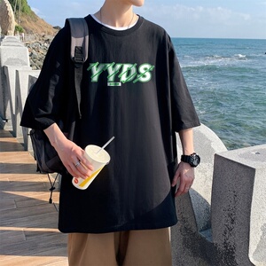 T3299P25克莱因蓝男T永远的神字母印花T男士港风T恤落肩款宽松T恤图片