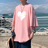 T3467落肩款宽松T恤克莱因蓝T圆领涂鸦爱心印花T恤男港风T恤，男装T恤，星座510A-1