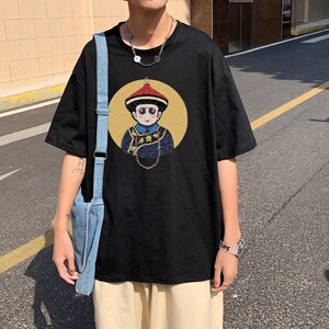 T3675已爆 克莱因蓝T圆领卡通印花T恤男港风T恤落肩款宽松T恤图片