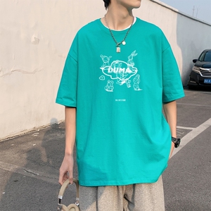 T3465P25克莱因蓝T圆领卡通英文印花T恤男港风T恤落肩款宽松T恤图片