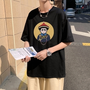 T3675已爆 圆领卡通印花T恤男港风T恤落肩款宽松T恤克莱因蓝T图片