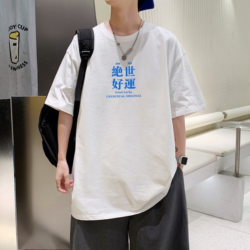 T3334已爆 男港风T恤落肩款宽松T恤克莱因蓝T圆领卡通印花T恤图片