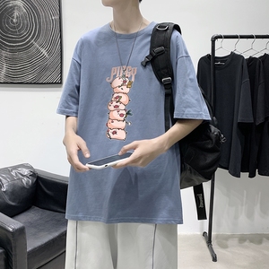 T1763P25 夏季风男装印花短袖T恤男长条小猪印花青春休闲T恤图片