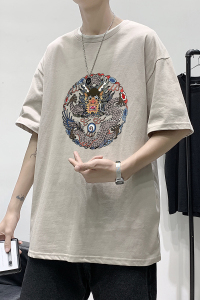 T1545P25港风英伦印花圆领T恤男加大加肥港风模特男士宽松T恤图片