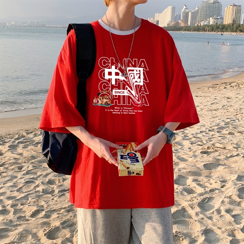T3302P25风印花T恤男士港风T恤落肩款宽松T恤克莱因蓝男T男士图片