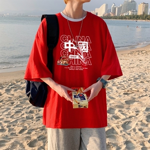 T3302P25风印花T恤男士港风T恤落肩款宽松T恤克莱因蓝男T男士图片