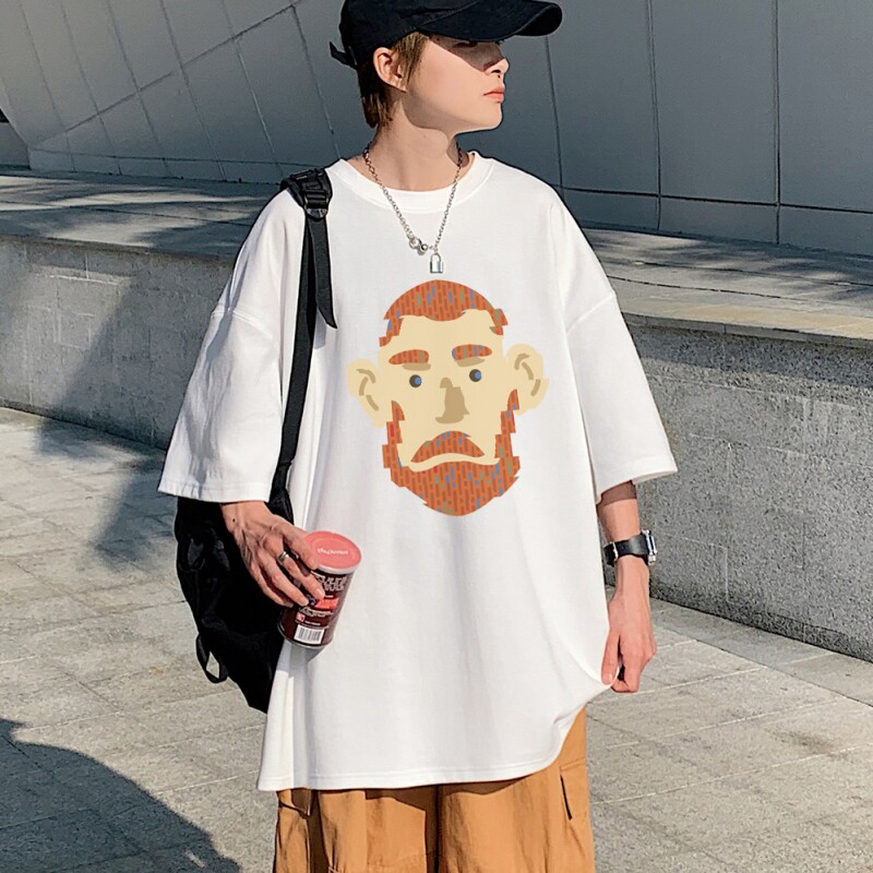 T3674已爆男港风T恤落肩款宽松T恤克莱因蓝T圆领卡通印花T恤,男装T恤,星座510A-1