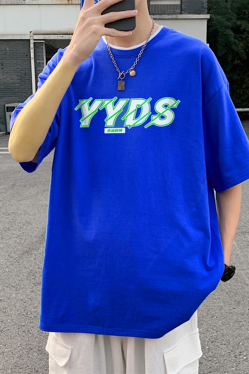 T3299P25男士港风T恤落肩款宽松T恤克莱因蓝男T中性风印花T恤男士,男装T恤,星座510A-1
