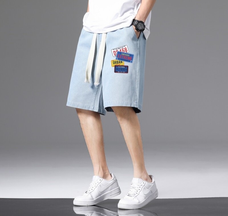 DN3834黑白景港风潮牌工装短裤男牛仔短裤男宽松休闲韩版日系,男装牛仔裤,星座510A-1